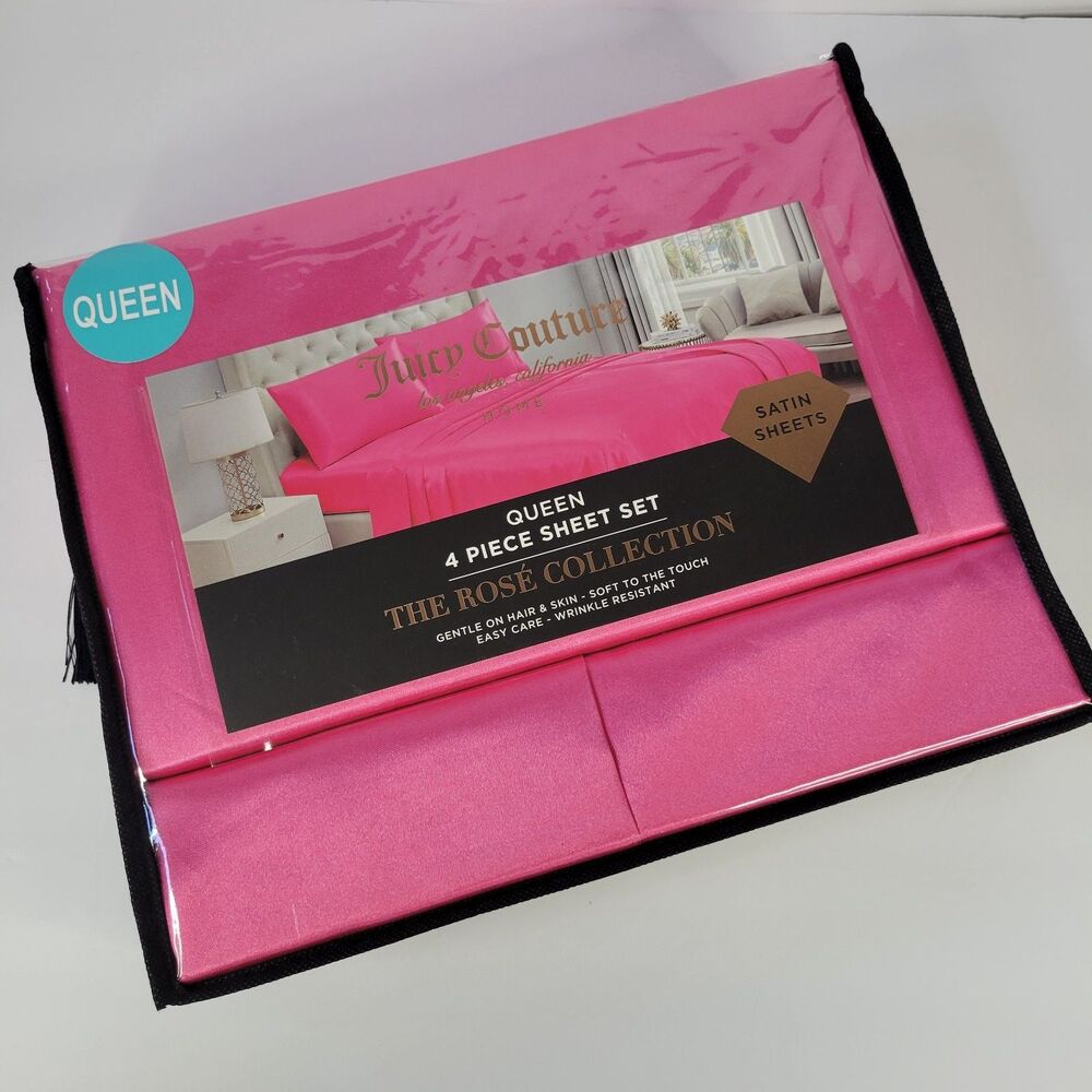 Juicy Couture Hot Pink Satin 4pc QUEEN Sheets Set Easy Care Sleek Smooth Fuchsia